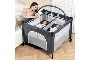 Jestonten Twin Bassinet - Foldable Double Bassinet for Twins with Hanging Toys & Storage Basket, Portable Bedside Sleeper Pac