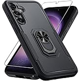 Compatible with Samsung Galaxy S24/S25 Case with Screen Protector Tempered Glass,Heavy Duty Shockproof Full Body Phone Cover Built in Metal Ring Holder Kickstand,2025 Black Matte