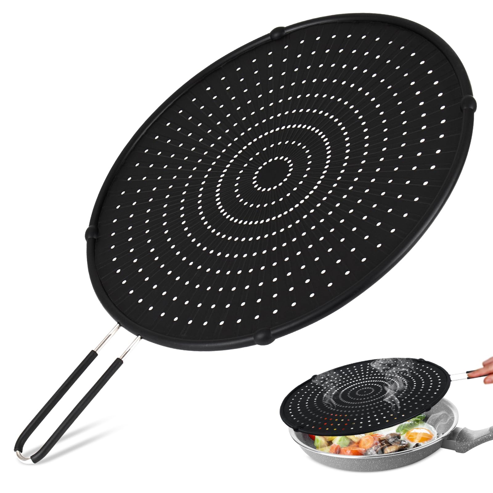 TaoTazon Silicone Splatter Screen for Frying Pan, 13 Inch Universal Frying Pan Splatter Guard - Prevents Mess and Oil Splashes, Multi-Use Heat Resistant Frying Pan Cover for Cooking & Frying(Black)