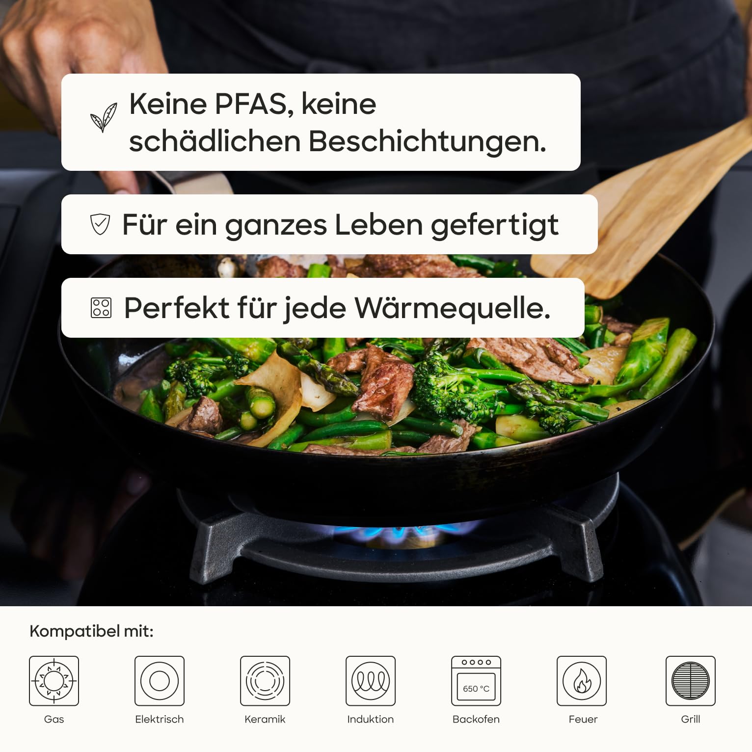 Gastrotools Carbonstahl Bratpfanne 24cm, natürliche Antihaft-Oberfläche ohne PFAS, Ofenfest bis 650°C, CoolGrip Griff, geeignet für Induktion, Gas, Keramik & offenes Feuer, Hergestellt in Italien 6