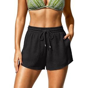 Zmart Women's High Waist Cover Up Shorts Beach Swim Bottom | Tummy Control & Drawstring Design, Elastic Band, Two Pockets, 10