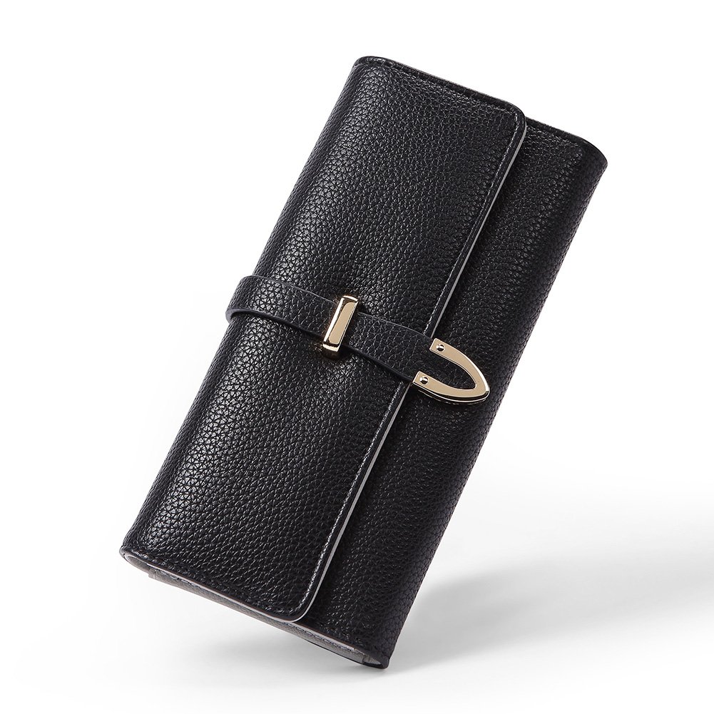 Wallet for Women Leather Large Capacity Trifold Checkbook Card Holder Organizer with Snap Closure Ladies Clutch black