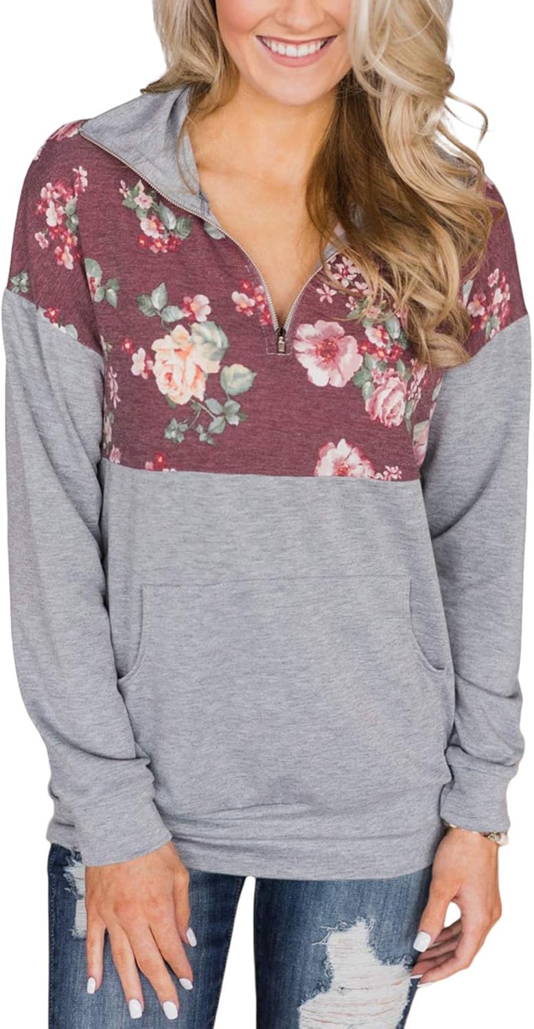 Aleumdr Women Casual Long Sleeve 1/4 Zipper Color Block Sweatshirts Stand Collar Pullover Tunic Tops with Pockets S-XXL at  Women’s Clothing store