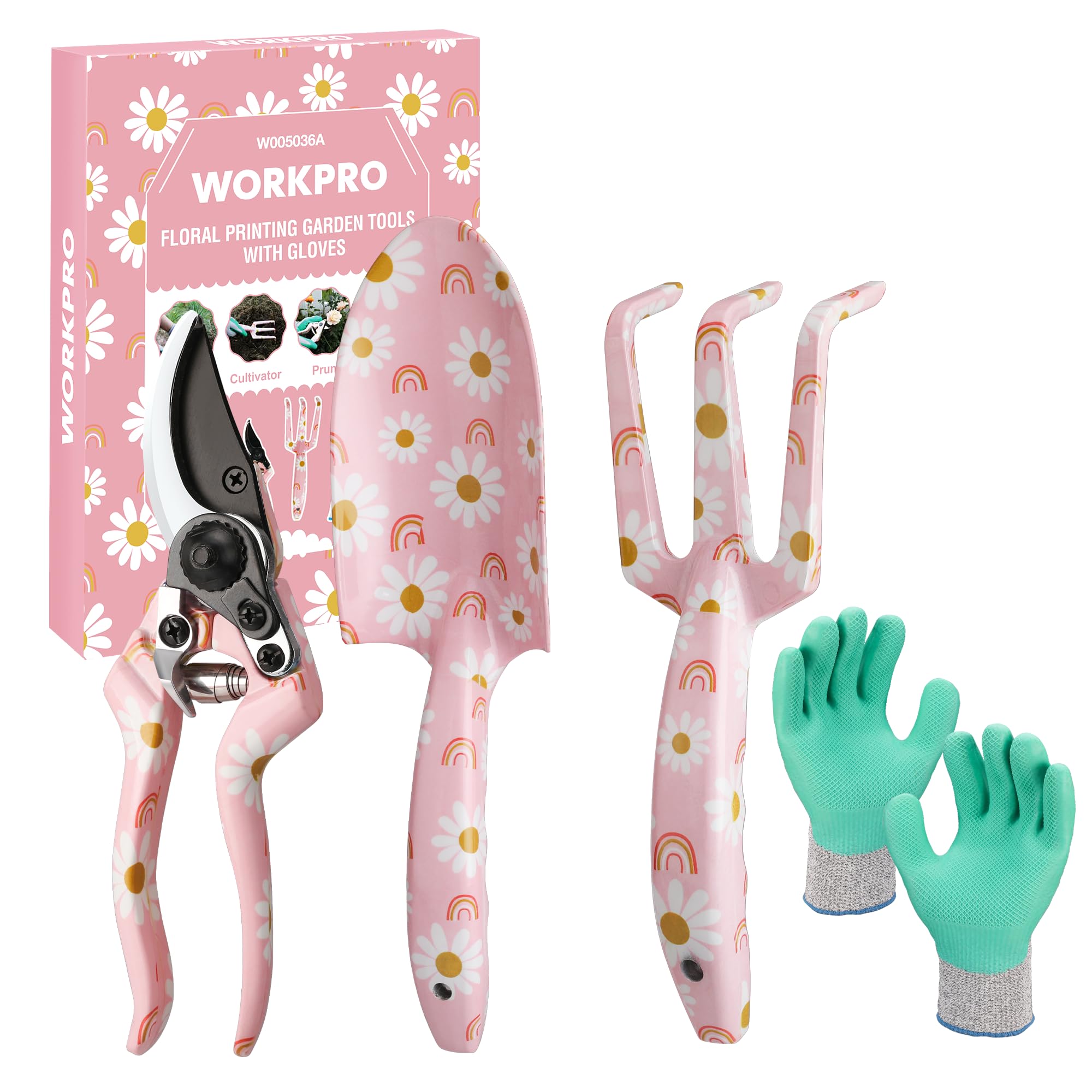 WORKPRO 4 Piece Garden Tools Set, Stainless Steel Hand Tools with Ergonomic Handle, Including Pruner, Trowel, Hand Fork, and Gardening Gloves, Pink