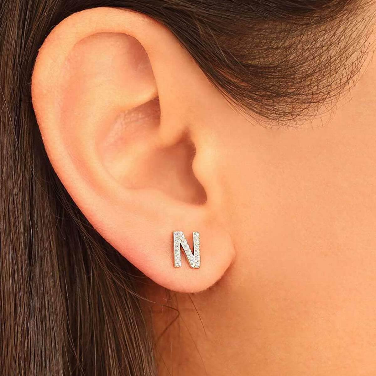 Pave Diamond Letter Earrings, 14k Solid Gold Diamond