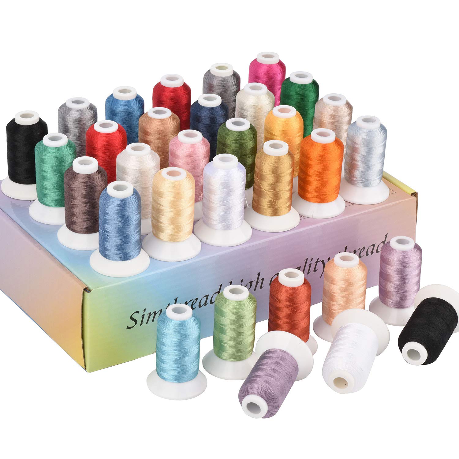 Simthread 32-Colour Polyester Machine Embroidery Thread Kit 500M (550Y) – 30 Unique Shades + White & Black – Colour-Matchable to Madeira and Robison-Anton Charts - Assorted Color 1