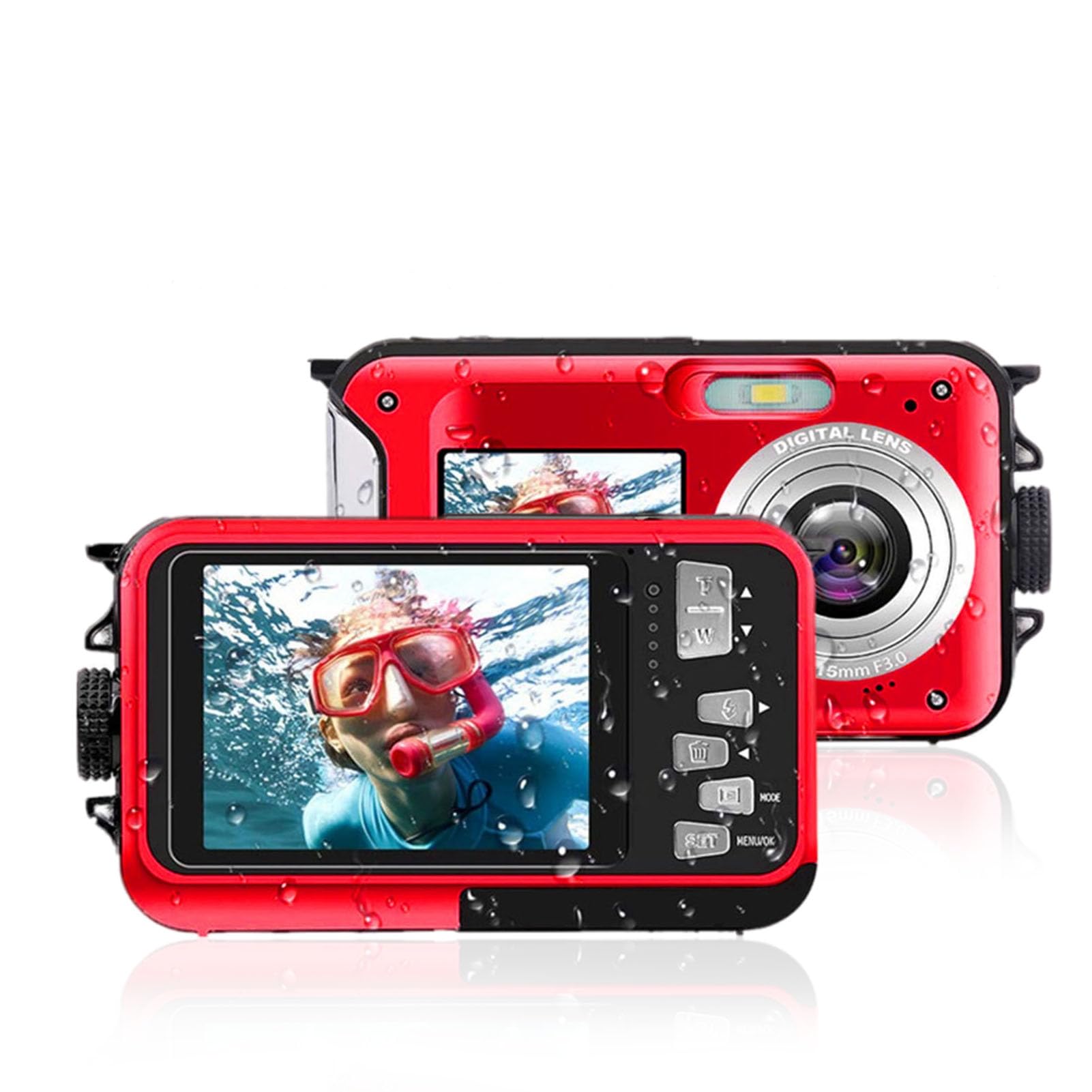 Ciciglow Underwater Camera, 2.7K 48MP Waterproof Dual Screen LCD Display Selfie Digital Camera, 10ft Underwater, Red