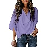 Dokotoo Womens 3/4 Sleeve V Neck Wrap Draped Front Blouses Tops