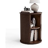 LINSY HOME Round Fluted End Table, Tall Side Table with Sliding Tambour Door and Storage Shelf, Modern Bedside Table, Mid-Century Nightstand for Living Room, Bedroom, Dark Walnut