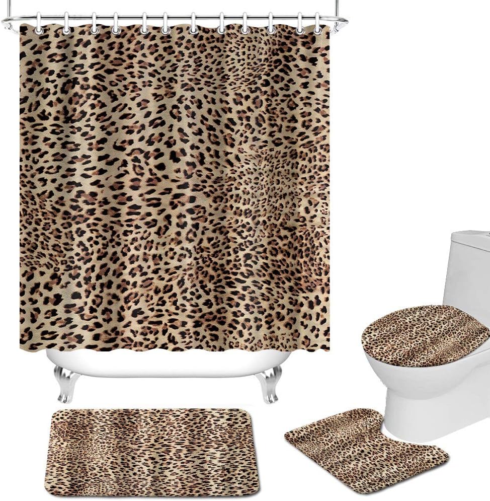FuShvre 4 Pcs Leopard Shower Curtain Set Powerful Wild Animal Skin Pattern Shower Curtain Set with Non-Slip Rug Toilet Lid Cover Bath Mat Safari Fabric Bathroom Decor Hooks Included Brown Black