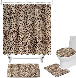 FuShvre 4 Pcs Leopard Shower Curtain Set Powerful Wild Animal Skin Pattern Shower Curtain Set with Non-Slip Rug Toilet Lid Cover Bath Mat Safari Fabric Bathroom Decor Hooks Included Brown Black