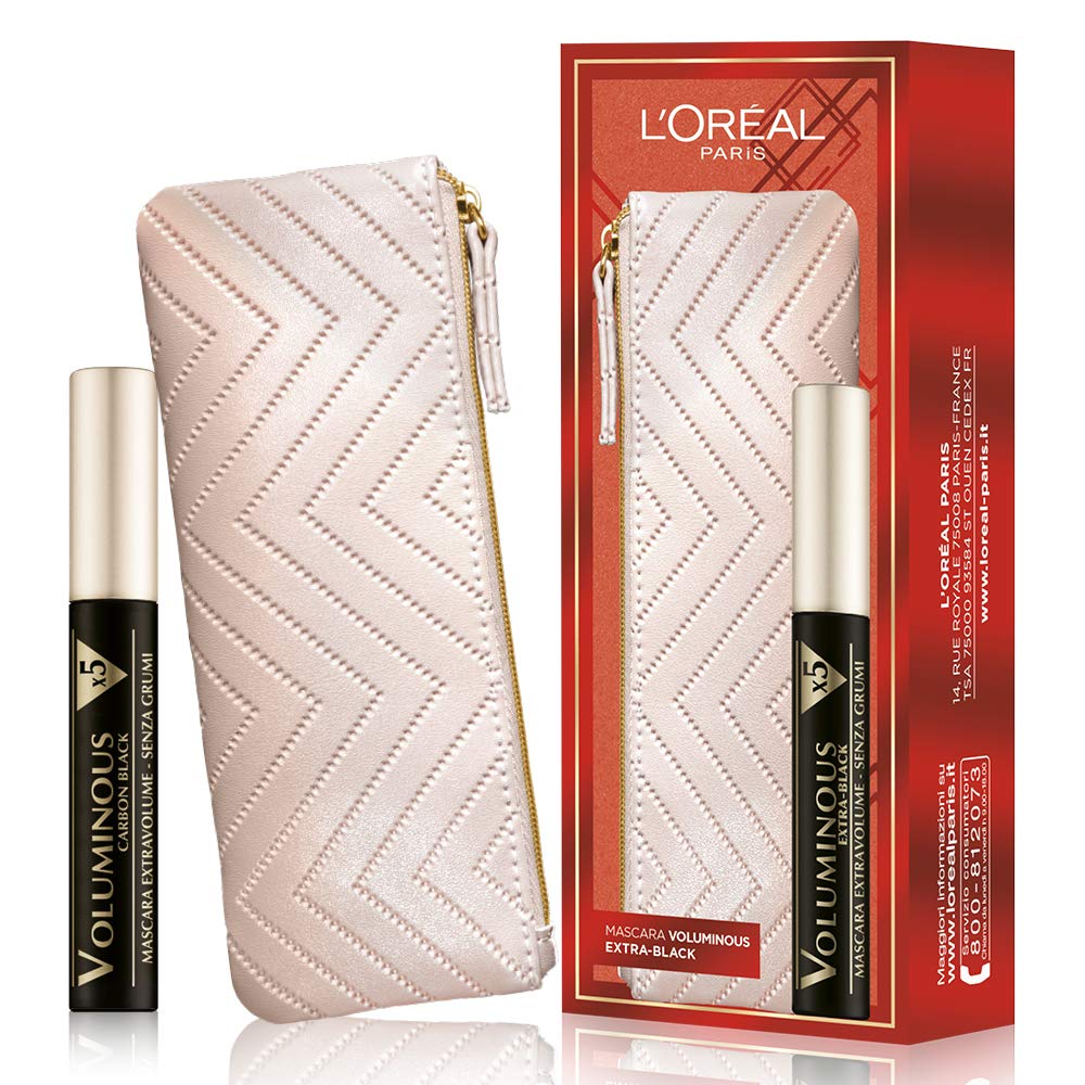L'Oréal Paris Makeup Set Gift Idea Woman, Volumizing Mascara Extending Voluminous Extra Black and Mini Cosmetic Bag