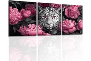 Black Panther With Pink Peonies Wall Art Animal Floral Portrait Painting for Living Room Bedroom Home Office Wall Decor(Artwo