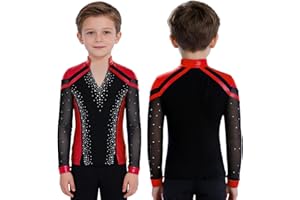Hansber Youth Boys Sparkly Figure Skating Shirts Ballet Dance Tops Gymnastics Costume for Latin Jazz Performance