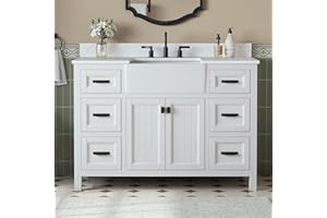 DELUXE LIVING 48 Inch Bathroom Vanity with Apron Farm Sink, White Farmhouse Bathroom Sink Cabinet with Soft Closing Doors & Dovetail Drawers, Single Sink Bathroom Vanity, No Assembly Required