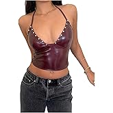 MakeMeChic Women's PU Leather Rivet Halter Top Tie Open Back Sleeveless Y2K Punk Crop Tops