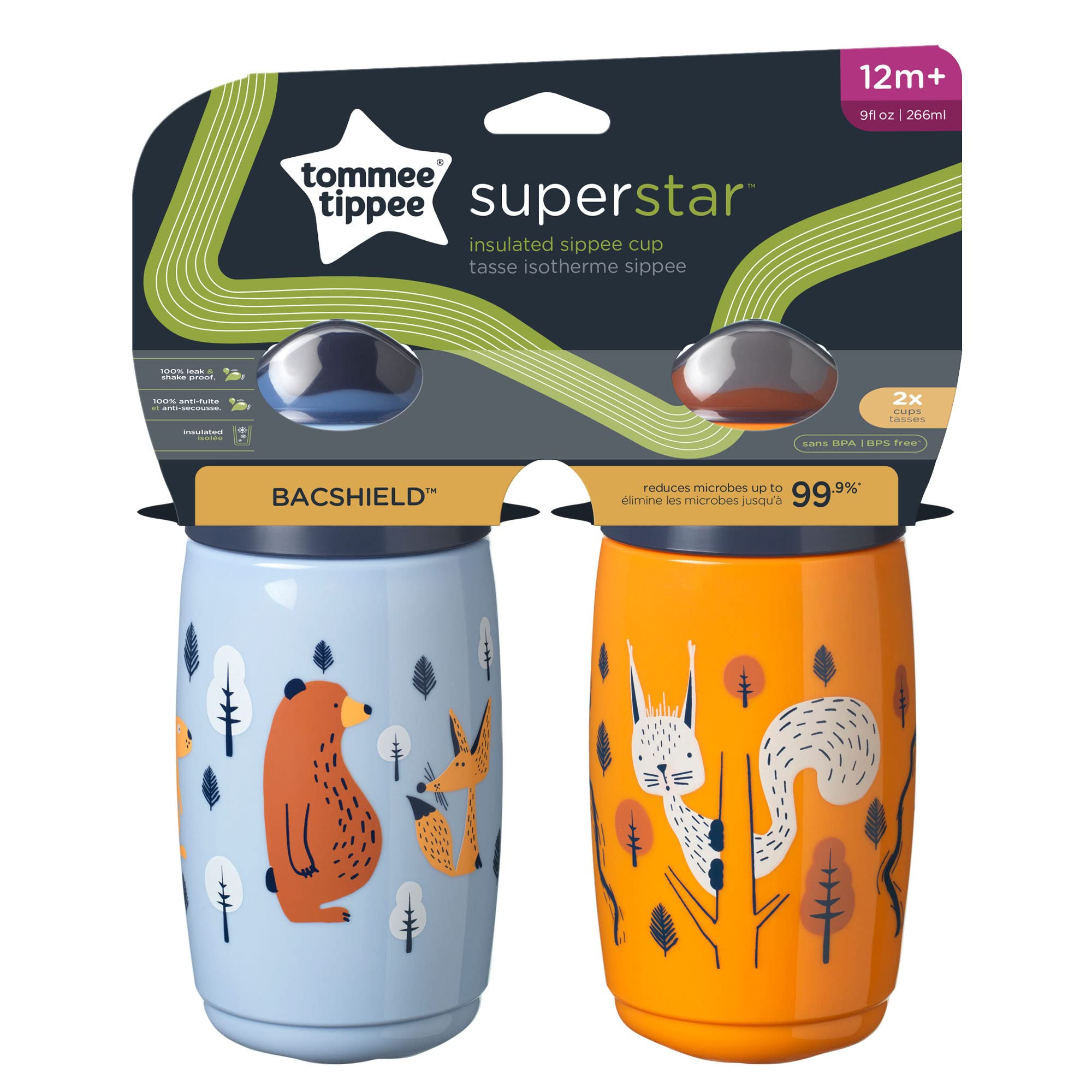 Tommee Tippee Superstar Insulated Toddler Sippy Cup, INTELLIVALVE Leak-Proof & Shake-Proof, 9oz, 12+ Months, 2 Pack, Orange and Blue