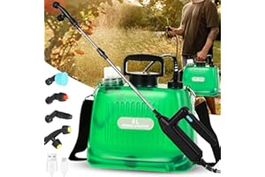 AMIATALO Battery Powered Sprayer 2 Gallon, Upgrade Powerful Electric Garden Sprayer with 4 Mist Nozzles, Adjustable Shoulder Strap, Rechargeable Handle and 32in Telescopic Wand for Lawn, Garden, Clean (Green)