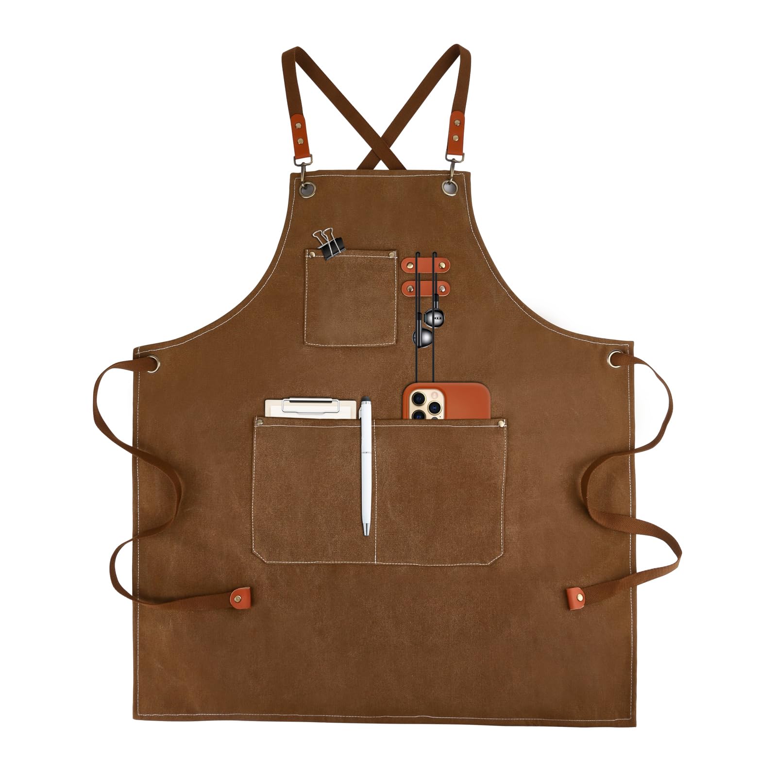 Canvas Work Aprons for Men with Pockets,Adjustable Strap and Large Pockets Apron,Kitchen Cooking Baking Chef Apron (Brown)