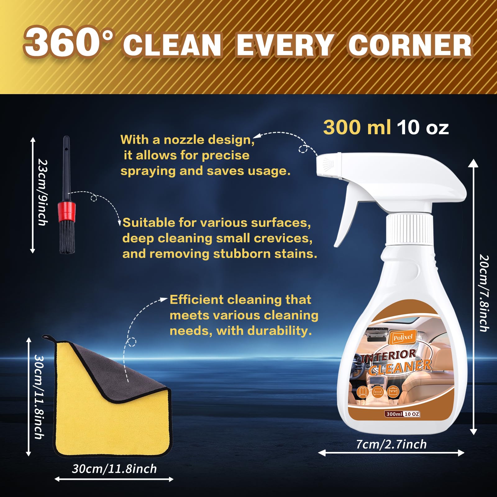 POLIXEL Car Interior Cleaner, Total Interior Detailing Spray for Dashboard, Seats, Carpet, Leather & Plastics with 1x Microfiber Towel & 1x Detailing Brush - 10oz/300ml
