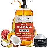 Natural Nourishing Massage Oil with Massage Roller Ball - Therapeutic Citrus & Coconut Massage Oils with Rejuvenating, Hydrating & Aromatic Essential Oils for Dry Skin, Soothes Muscle & Joints 8.8 oz