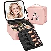 Relavel Initial Makeup Bag with LED Mirror for Women, Personalized Travel Cosmetic Organizer Train Case, Christmas Gifts for Teens Girls Grandkids Graduation Teacher Friends, Trendy Stuff, Pink A
