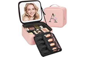 Relavel Initial Makeup Bag with LED Mirror for Women, Personalized Travel Cosmetic Organizer Train Case, Christmas Gifts for Teens Girls Grandkids Graduation Teacher Friends, Trendy Stuff, Pink A