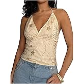 SOLY HUX Women's Sequin Halter Crop Top Glitter Tie Backless Deep V Neck Party Club Tops