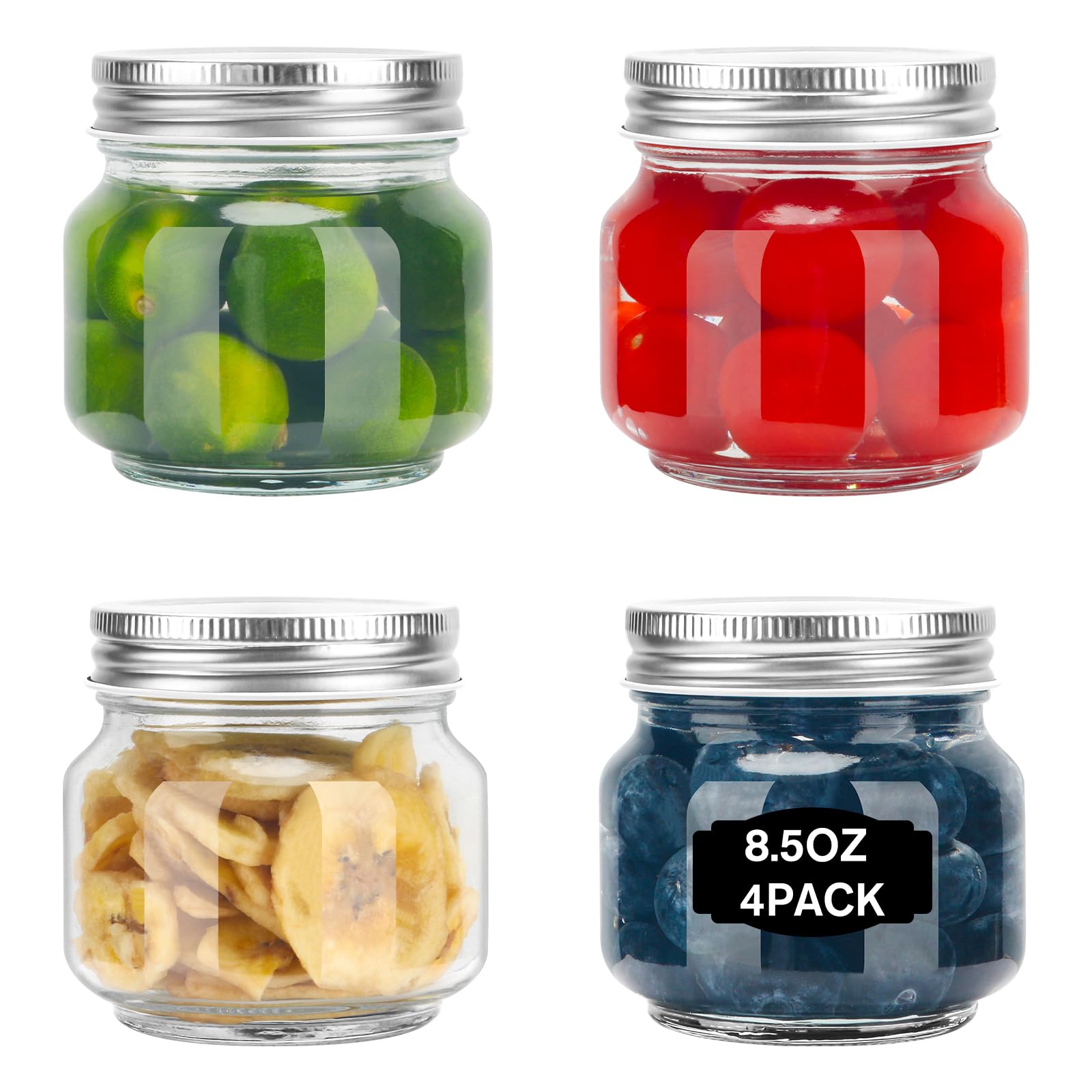 Photo 1 of ODDMUCK Glass Mason Jars, 4 Pack 8.5oz Clear Glass Regular Mouth Canning Jars with Lids for Sealing, Ideal for Food Storage, Snacks, Candies, Jam, Honey, Wedding Favors, Shower Favors, DIY Projects