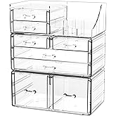 Cq acrylic 3 Pack Clear Makeup Organizer Countertop,Stackable 8 Drawers Skin Care Organizer,Cute Make Up Organizers for Vanity Jewelry,Hair Accessory,Beauty,Skin Care,Skincare Product Desk Storage