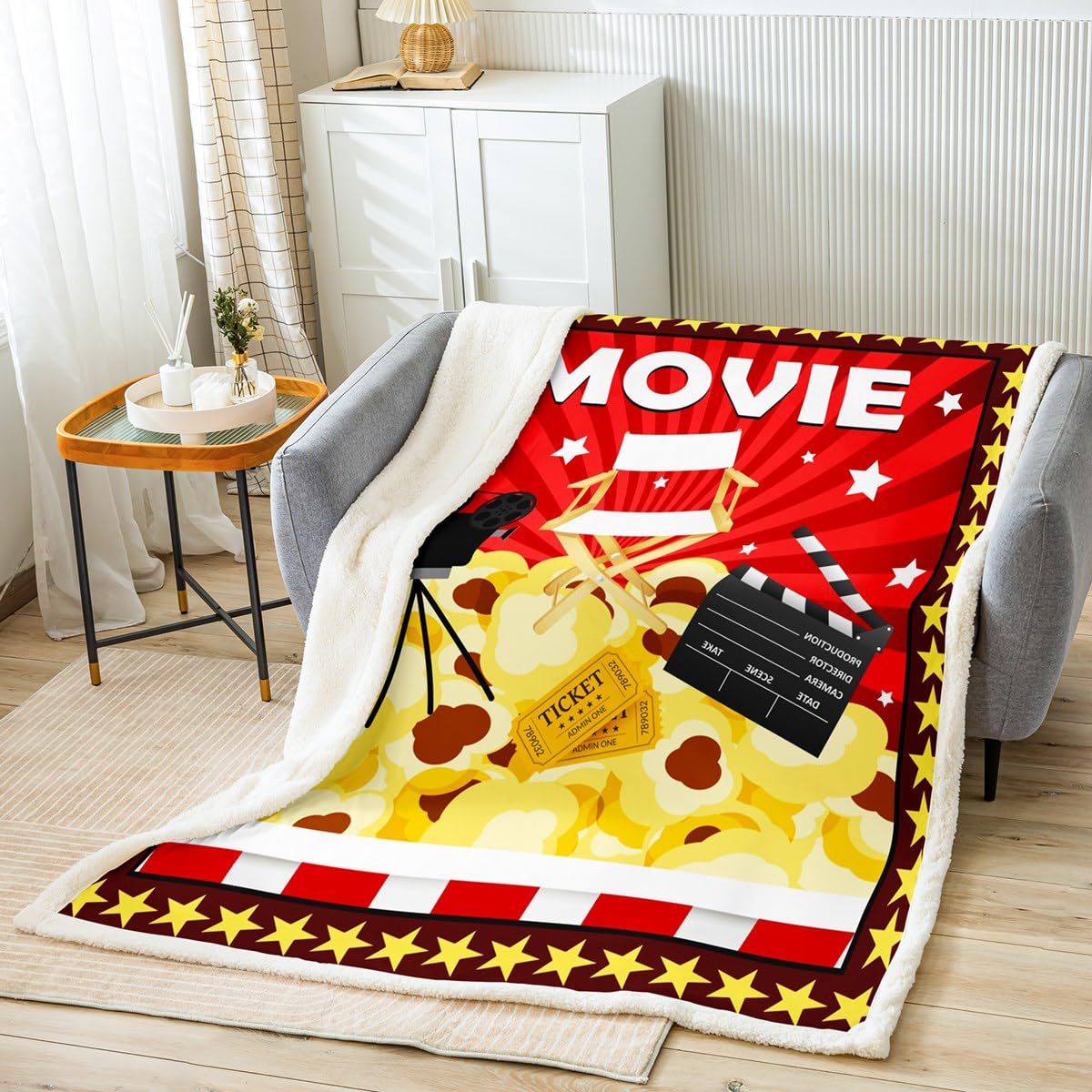 Homemissing Movie Theater Decor Fleece Throw Blanket Kids Popcorn Plush Blanket for Boys Cinema Sherpa Blanket Breathable Movie Night Fuzzy Blanket Room Decor Red Yellow Single 50x60 Inch