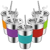 Yummy Sam Stainless Steel Cups with Straws and Lids,12oz Spill-proof Kids Tumblers Dishwasher Safe, Unbreakable Metal Toddler Cups with Heat-insulated Sleeves for Cold Drinks, 5 Pack