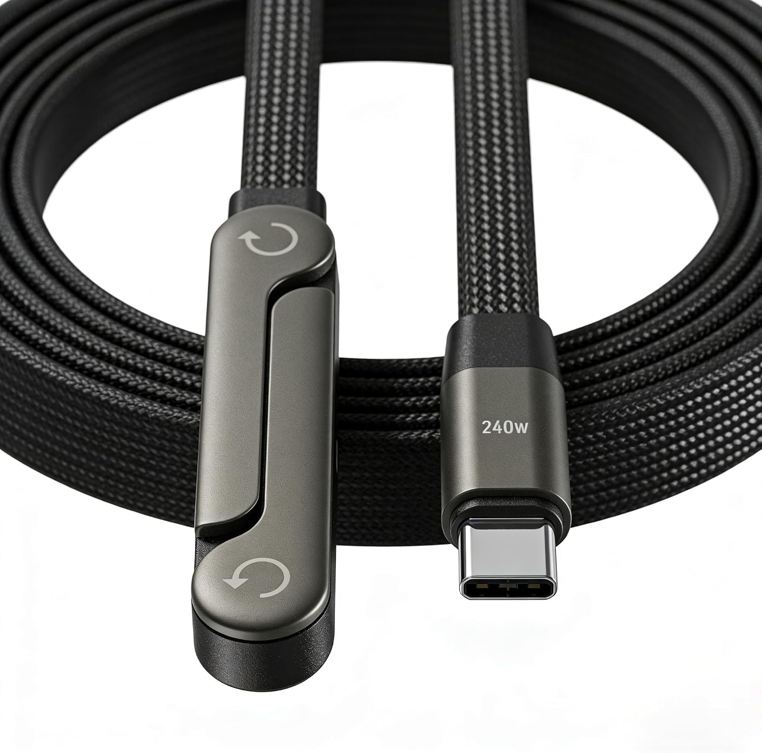 HOSYH 240W Invisible Stand Fast Charging Cable, 240W USB C to USB C Flat Cable 90 Degree Angled, Sideways Phone Type C Charger Cord (4.9FT) Compatible with iPhone 17 Series