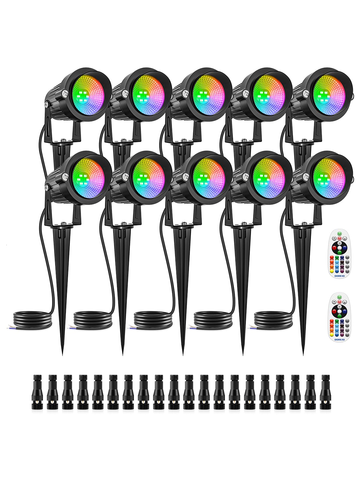 Photo 1 of DOREIO 10W Low Voltage Landscape Lights RGB Color Changing LED Landscape Lighting Remote Control IP66 Waterproof 12V Outdoor Spotlight for Pathway Yard Garden Lawn(10 Pack with Connectors)