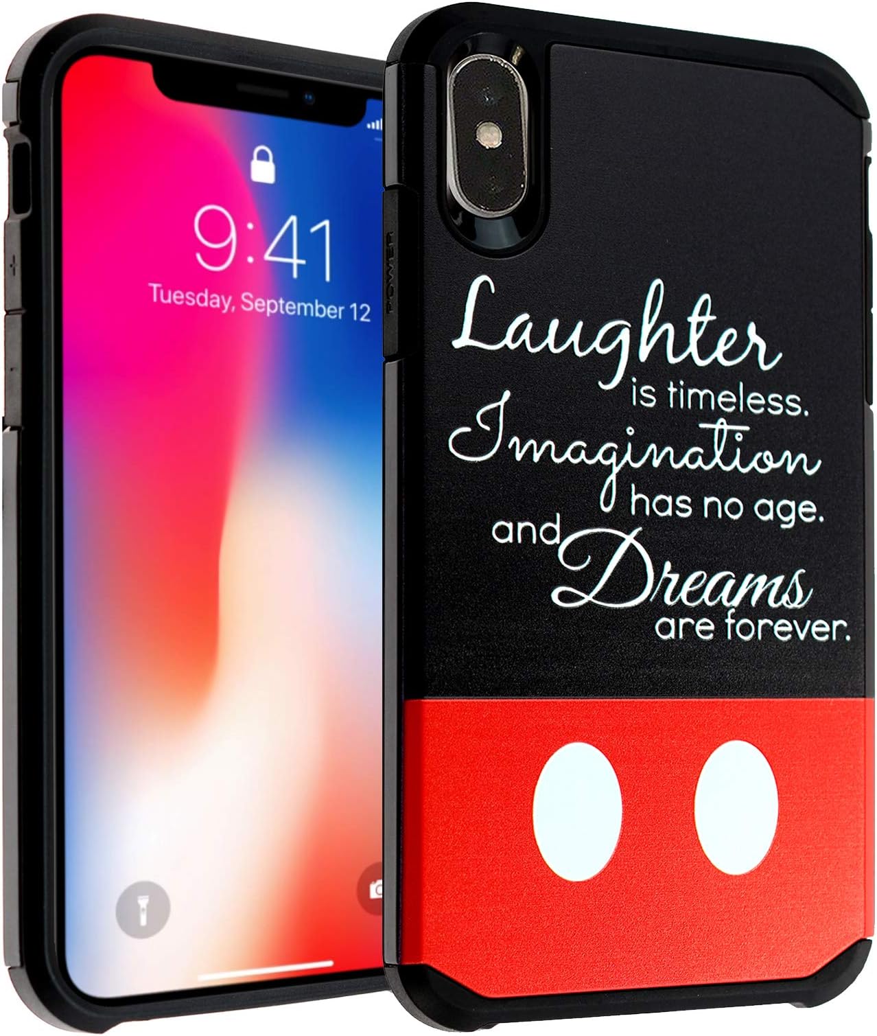 EDEALSAVING for iPhone Xs Case, IMAGITOUCH 2-Piece Armor Case with Flexible Shock Absorption Case & Dream Quotes Design Cover for iPhone X, iPhone Xs-Laughter Imagination Dreams Quotes
