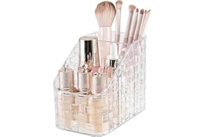 DASITON Makeup Brush Holder Organizer, 3 Slots Acrylic makeup brush holder, Woven Texture Striped perfume organizer for Vanit