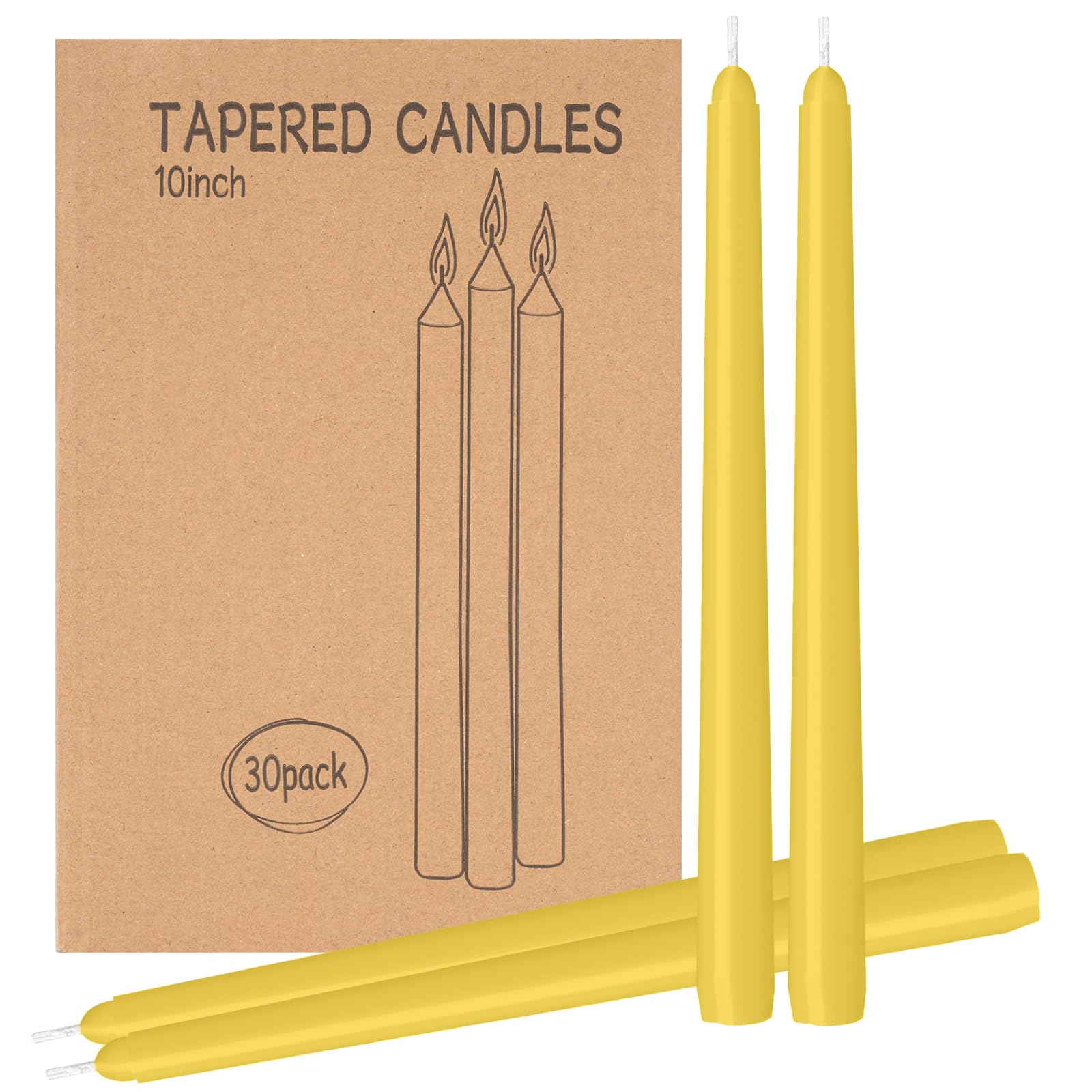 LYOBATH 30 Pack Yellow Taper Candles - Taper Candles 10 Inch Dripless, Smokeless & Unscented - 8 Hours Long Burning - Ideal for Weddings, Dinner Parties, and Home Decor