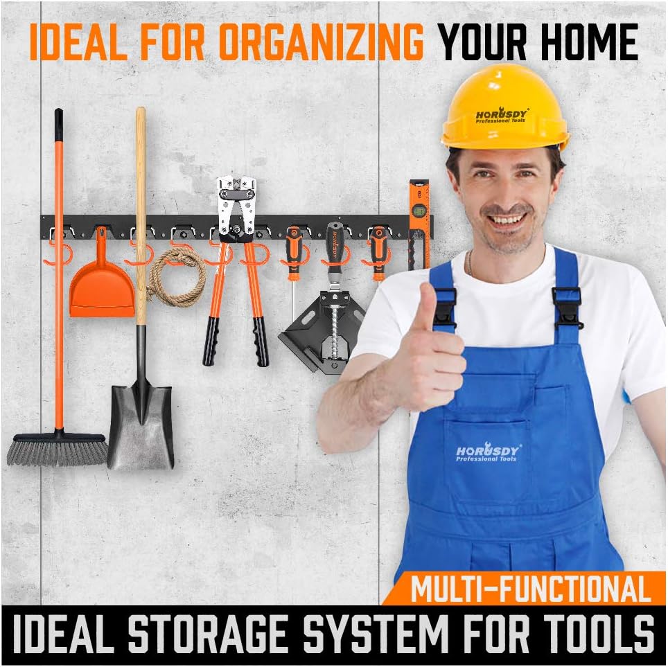 HORUSDY 64 Inch Adjustable Storage System, Wall Mount Tool Organizer, Tool Hangers for Mop and Broom Holder Shovel, Rake, Broom, Mop Holder, Etc. - - 