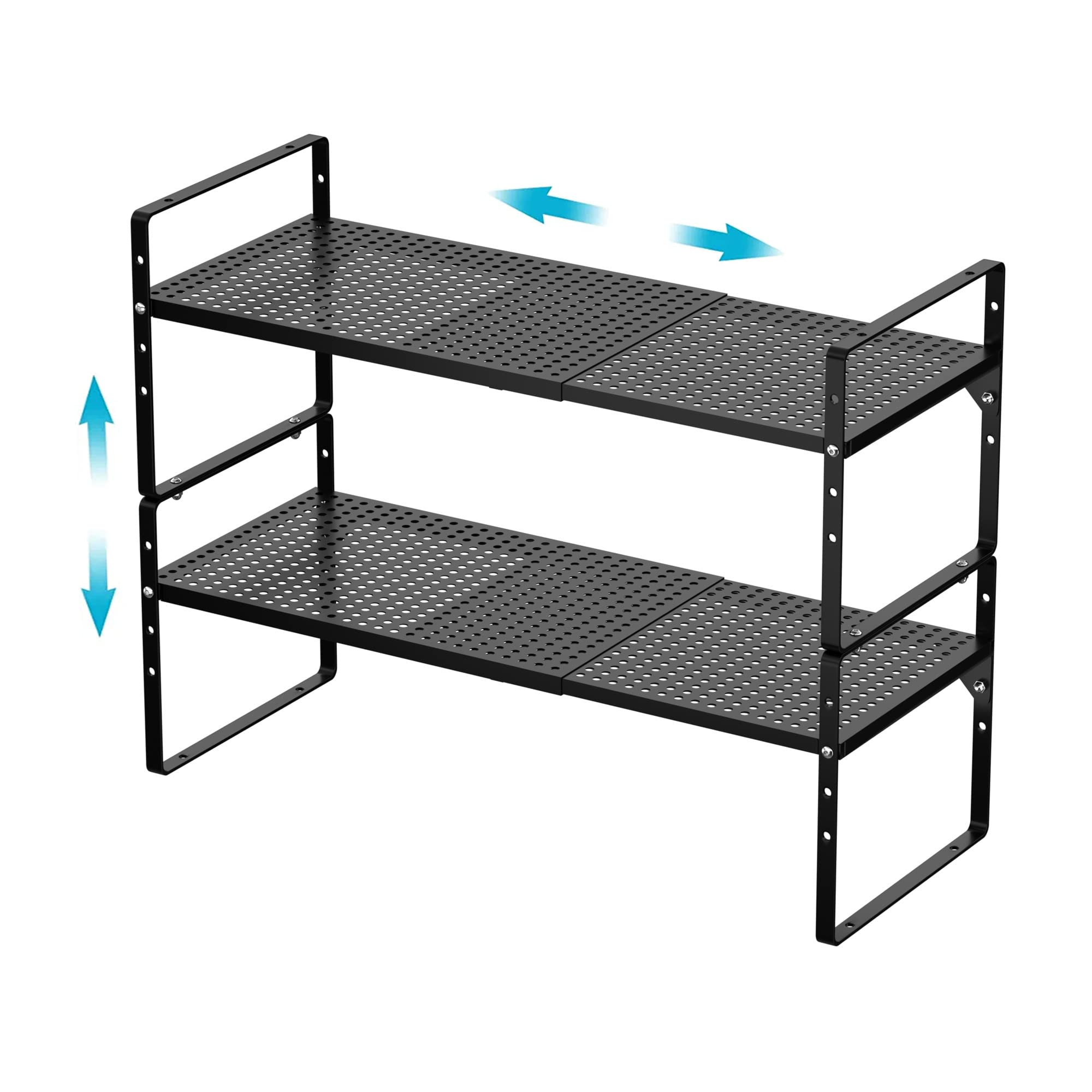 iPEGTOP Expandable Cabinet Storage Shelf Organizer Rack, Heavy Duty Steel Metal Spice Rack Adjustable Height Home Office Pantry Shelf Space for Counter Kitchen Organization, Black, 2 Pack