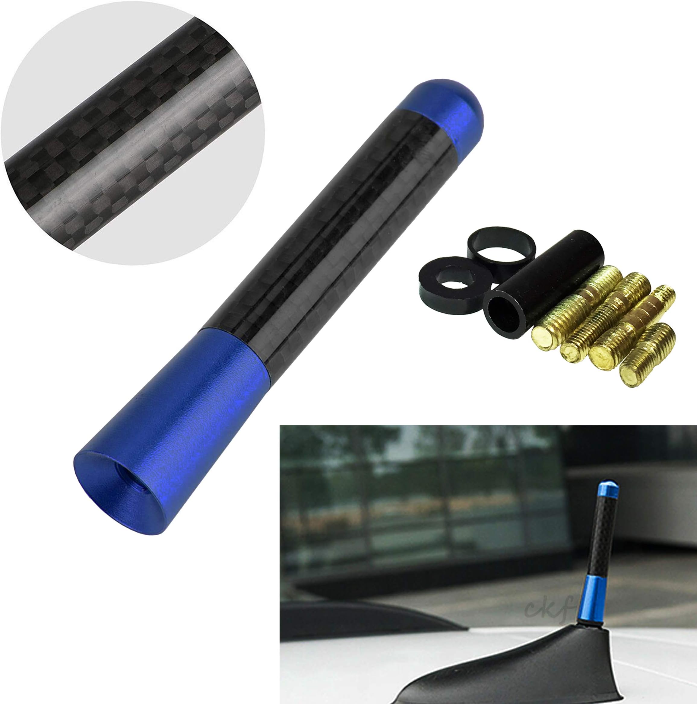 CK Formula (1 Piece 3" inch / 76 mm 100% Carbon Fiber Dark Blue Aluminum Screw Type Stubby Short Antenna AM/FM Radio