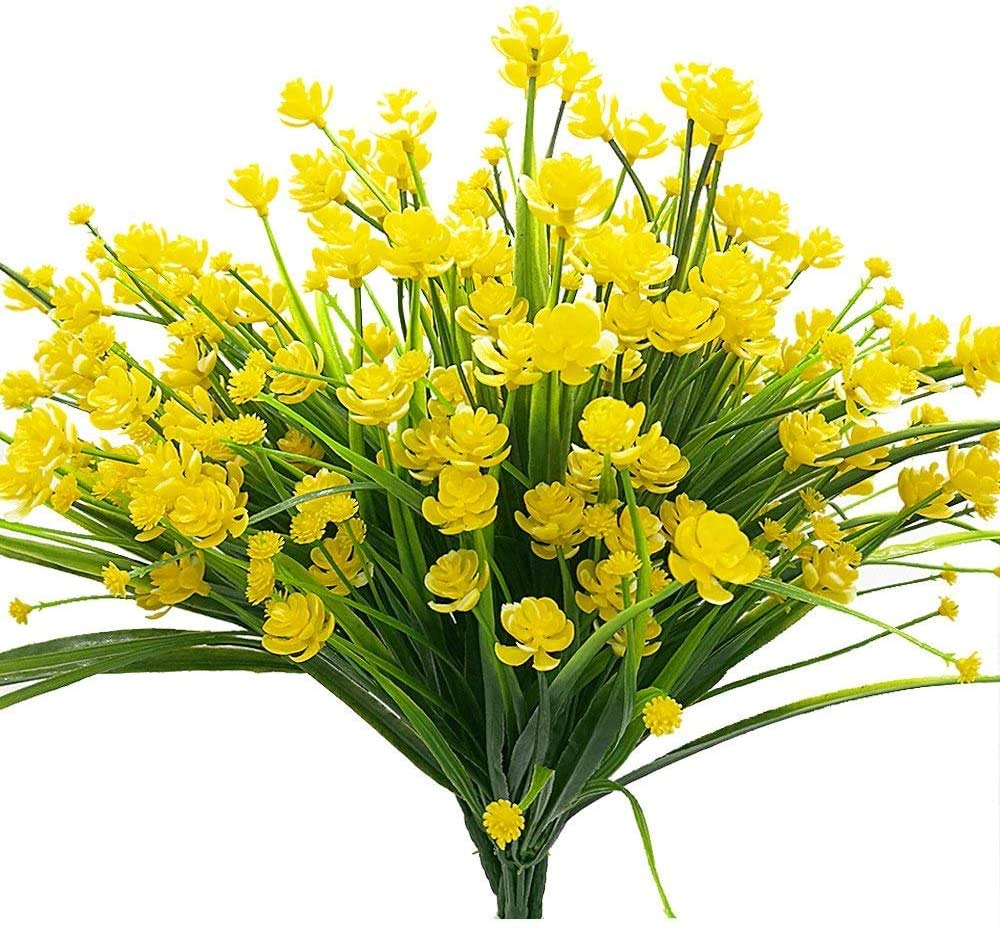 Ruiuzioong Artificial Flowers,UV Resistant Greenery Shrubs Plants Indoor Outside Hanging Planter Home Garden Décor (Yellow, 4PCS)