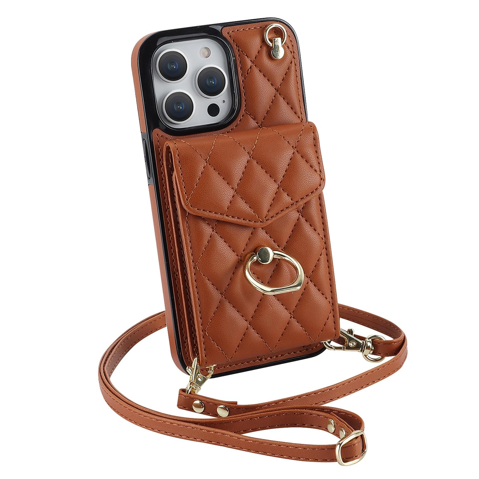 Ykerey Case for iPhone 13 Pro Max, Brown Leather Flip Folio with Kickstand, Card Slots, Lanyard