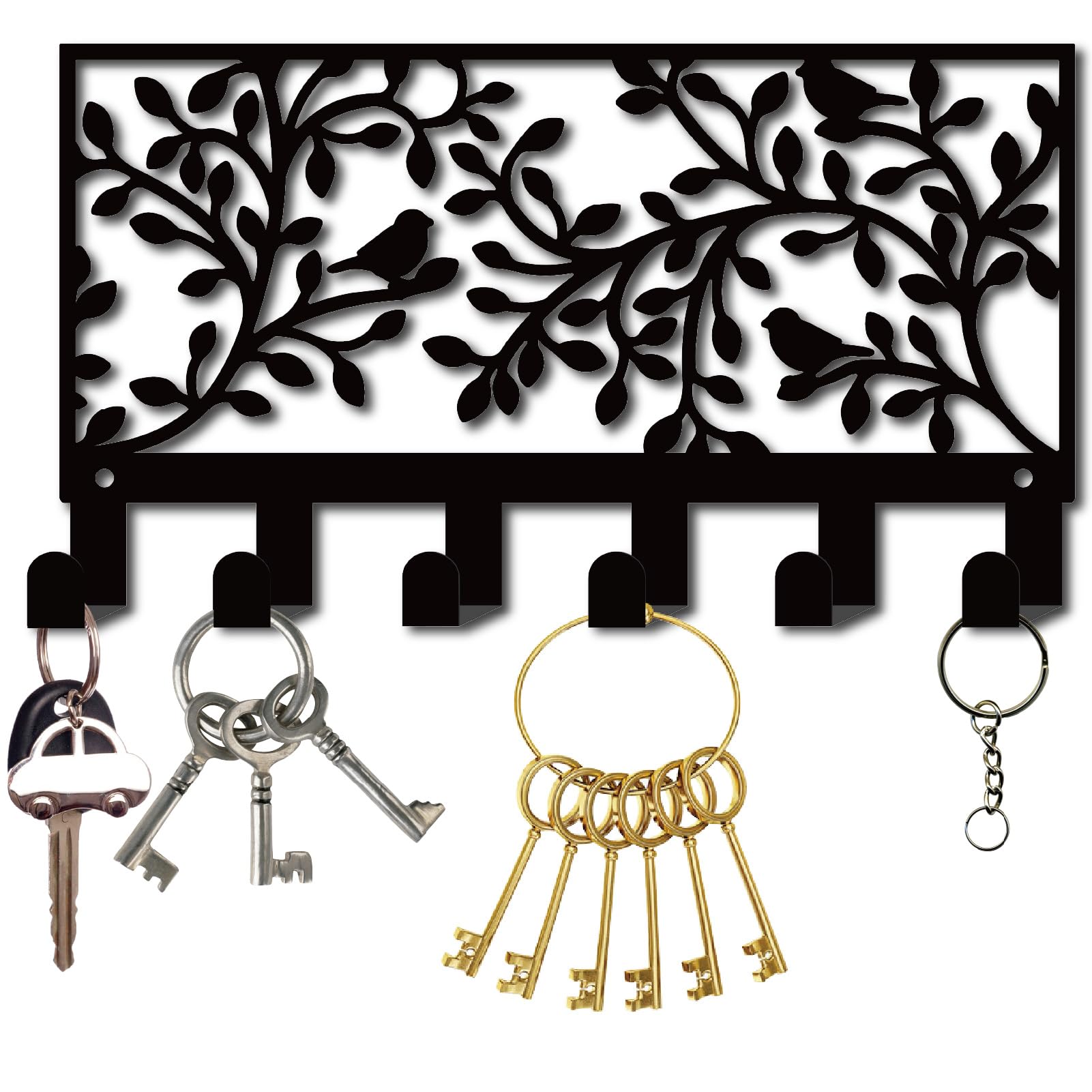 CREATCABIN Birds on Branches Key Holder Wall Mount Key Hangers Hooks Metal Keys Hanger for Wall Black Key Organizer Rack Hanging Wall Decorative with 6 Hooks for Entryway Front Door 10.6x6Inch