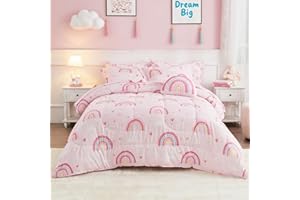 Mooreeke Bed in a Bag for Kids Girls Teens, 6 Pieces Twin Size Comforter Bed Set with Shams, Sheet Set and Decorative Toy Pillow, Rainbow Pink Super Soft Microfiber Kids Comforter Bedding Set