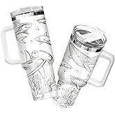 34HD Shark Ocean Tumbler 40oz with Handle and Straw, Vintage Sketch Sharks Creatures Insulated Travel Coffee Mug, Marine Life Gifts for Men & Women, Birthday Present to Him Her & Wildlife Lovers