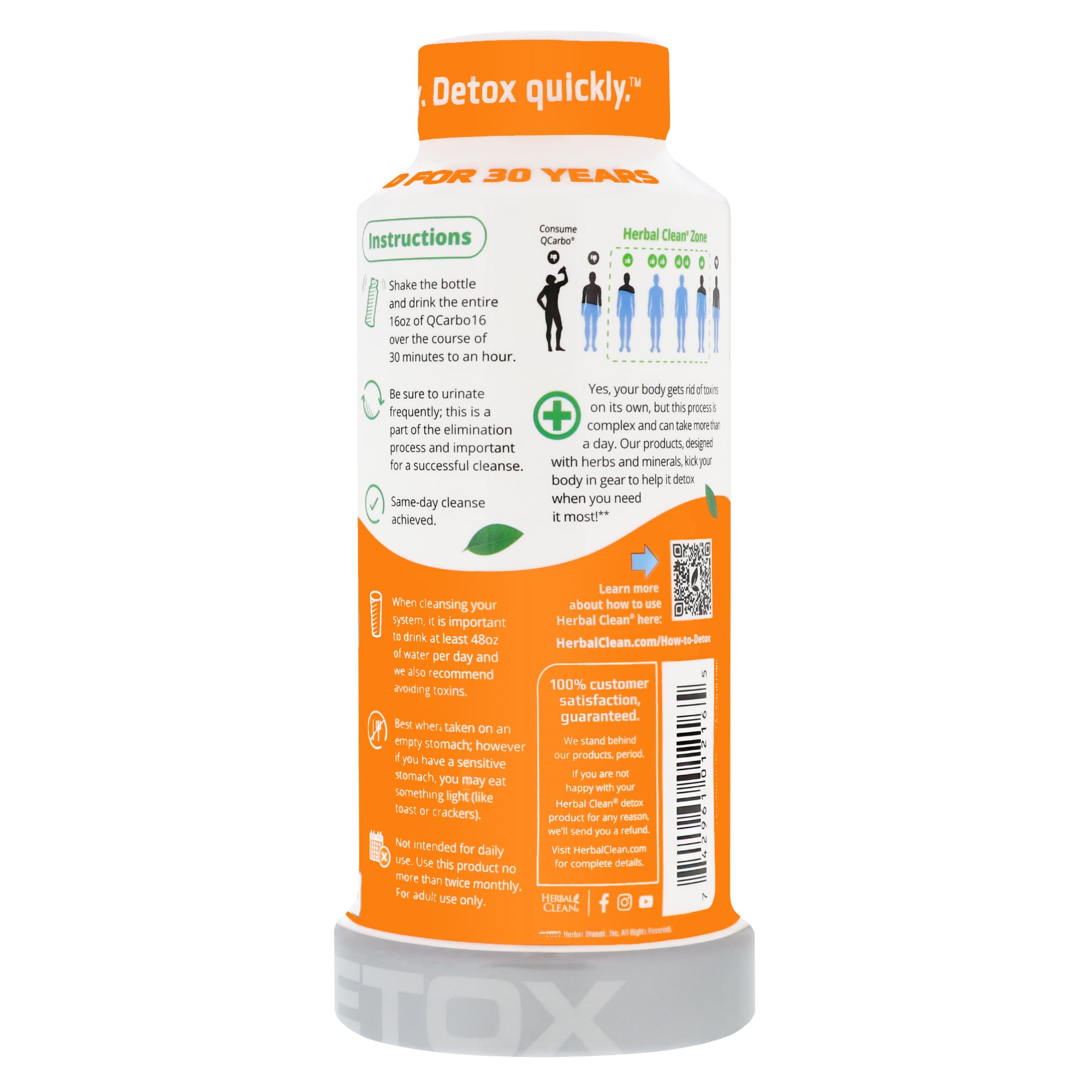 Herbal Clean Qcarbo16 Same-Day Detox Cleanse Drink (16 fl oz) - Orange Flavor Full Body Cleanse* Detox Drink for Moderate Toxin Level*, Vitamin B2 and Vitamin B12 for Men & Women