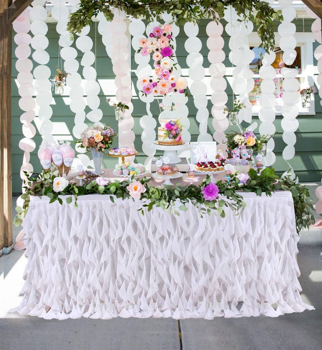 6ft Curly Willow White Table Skirting Lace Taffeta Table Skirt Tutu Tulle Table Skirt for Round or Rectangle Table for Birthday, Wedding, Party Decoration Supplies: Kitchen & Dining