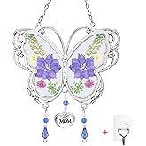 BOGDAN Crystal Butterfly Suncatcher with Pressed Flower Wings Mother's Day Butterfly Glass Wind Chime Ornament Charm with Metal Heart Happy Birthday Gifts for Mom with Free Hook (Mom