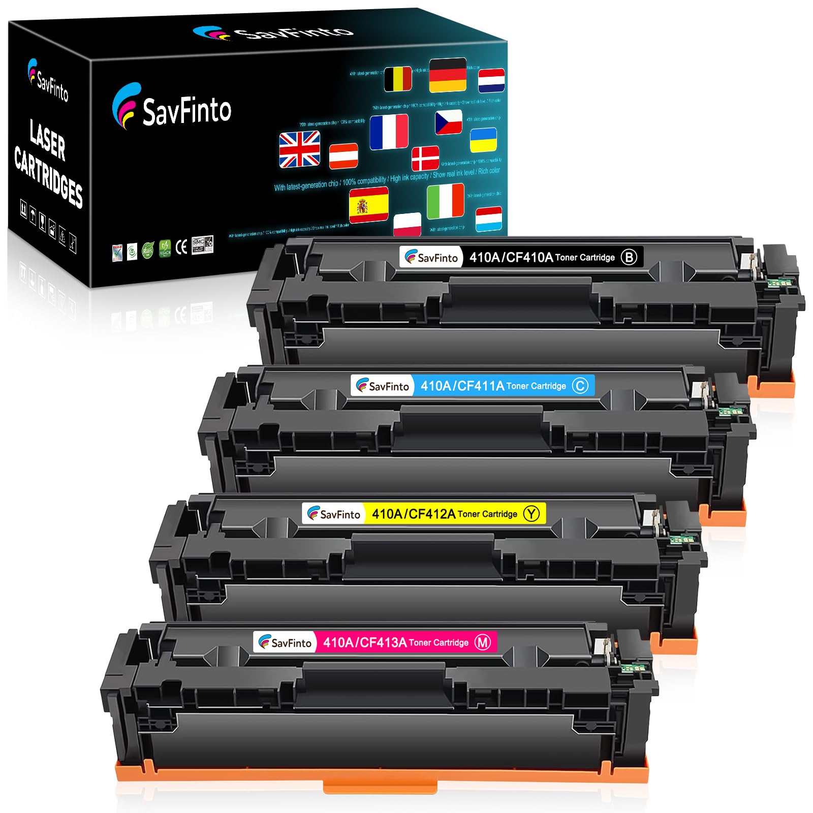 SavFinto 410A Toner Cartridges Compatible for HP 410A CF410A 410X CF410X Toner Laserjet Pro MFP M477fdw M477fdn M377dw M452nw M452dn M477fnw (Black,Cyan,Yellow,Magenta, 4 Pack)