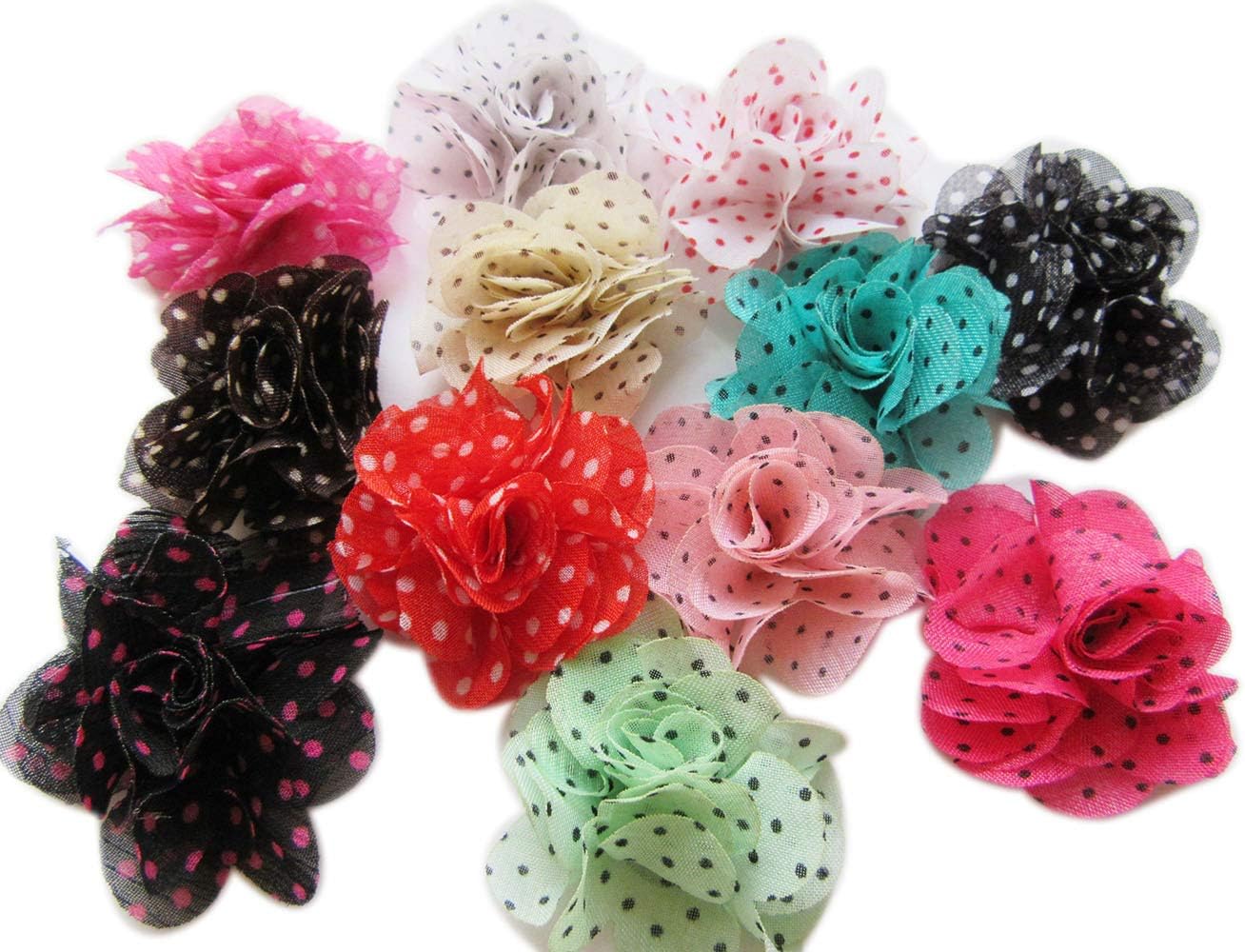 YYCRAFT 30 pcs Chiffon Flower with Dots Prints for Baby Girls Flower Headband Bows DIY Craft,Party Decoration(1.75",Mix Color)